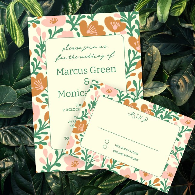 Cartão RSVP Vinhas De Flor Selvagem, Cor de Rosa, Pecado (Wildflower Vines Pink Green Custom WEDDING RSVP Card
)