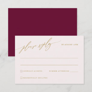 Cartão RSVP Vinho de Amora e Dourado Casamento Elegante