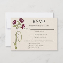 Cartão RSVP Vintage Art Nouveau Burgundy Pink Flowers Meals
