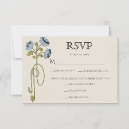 Cartão RSVP Vintage Art Nouveau Dusty Blue Navy Flowers Meals