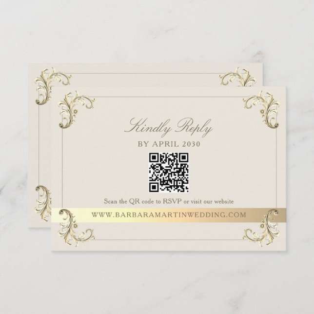 Cartão RSVP Vintage Baroque Cream Gold Wedding (Frente/Verso)