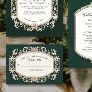 Cartão RSVP Vintage Barroco Victorian Emerald em Dourado Casam