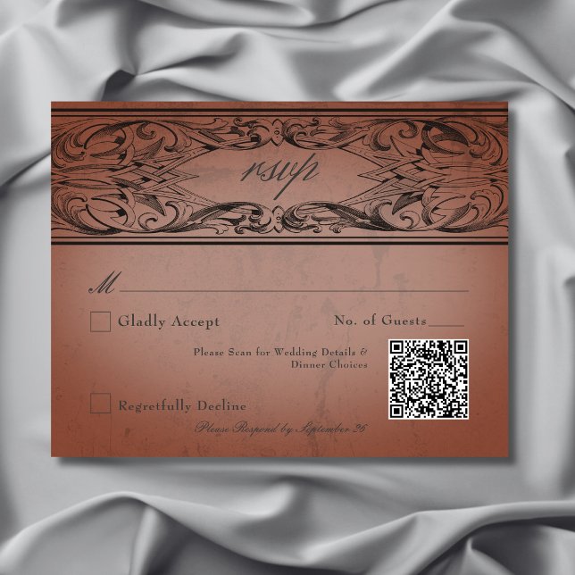 Cartão RSVP Vintage Bat até Death Rust Casamento QR Code (Vintage Bat Until Death Rust Wedding QR Code RSVP Card)