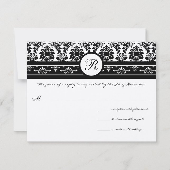 Cartão RSVP Vintage Black Damask Borders (Frente)