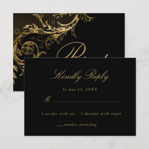 Cartão RSVP Vintage Black Floral Dourado Casamento com Script