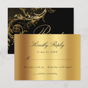 Cartão RSVP Vintage Black Floral Dourado Casamento com Script