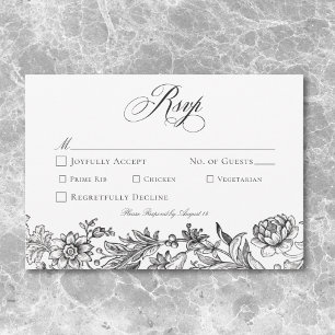 Cartão RSVP Vintage Black & White Tapeçaria Floral Casamento