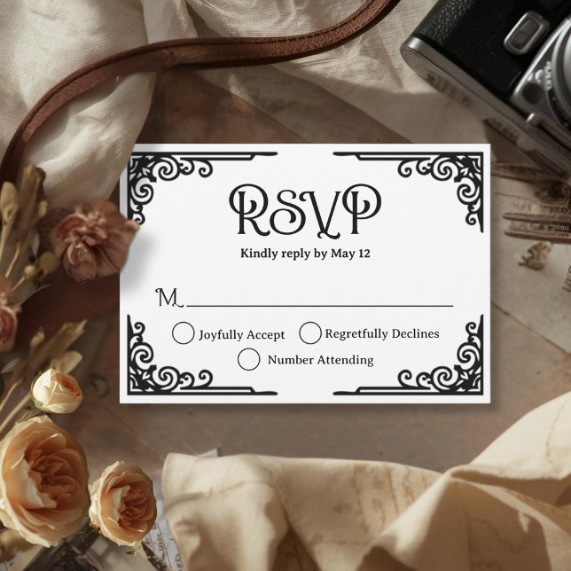Cartão RSVP Vintage Black White Wedding  (Cinematic Vintage Black White Wedding RSVP Card)
