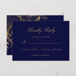 Cartão RSVP Vintage Blue Floral Dourado Casamento de Script de