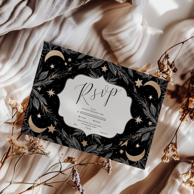Cartão RSVP Vintage Botanical Celestial Moon Stars Casamento (Criador carregado)