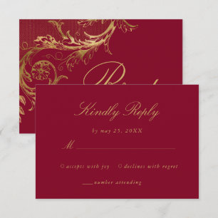 Cartão RSVP Vintage Burgindy Dourado Floral Damask Casamento d