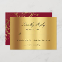 Cartão RSVP Vintage Burgundy Dourado Casamento de Script Flora