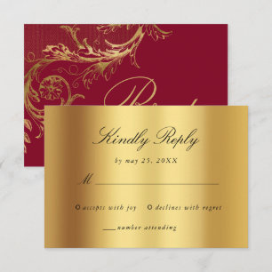 Cartão RSVP Vintage Burgundy Dourado Casamento de Script Flora