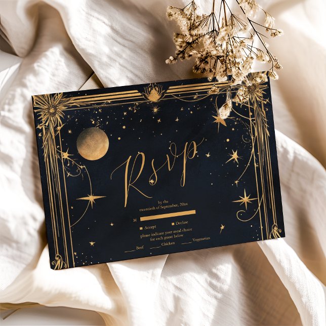 Cartão RSVP Vintage Celestial Moon Stars Casamento (Criador carregado)