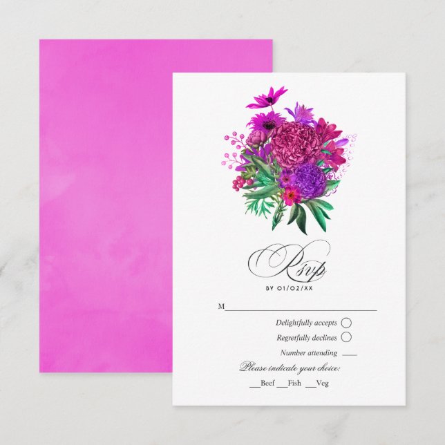 Cartão RSVP Vintage Chic Fuchsia e Casamento Roxo (Frente/Verso)
