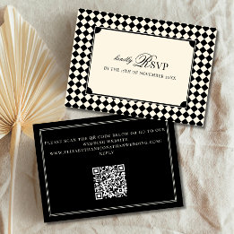 Cartão RSVP Vintage Código QR de Casamento Xadrez Preto Antigo