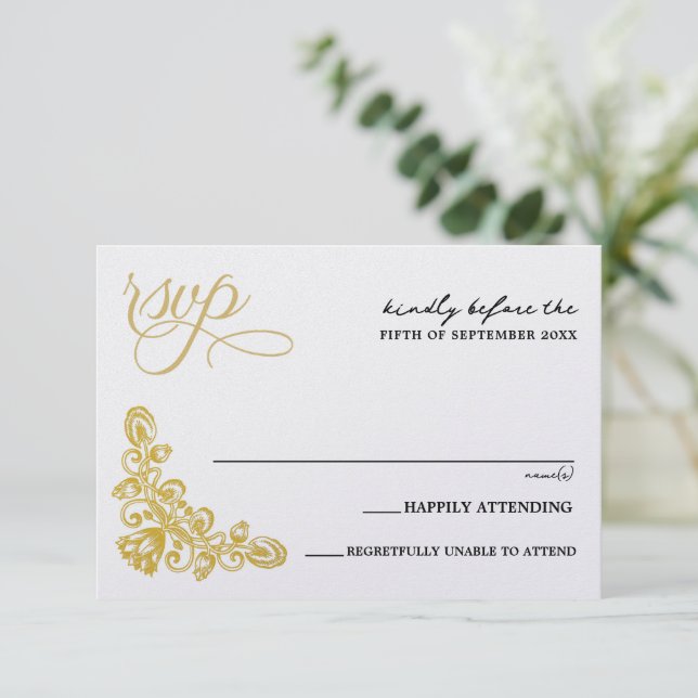 Cartão RSVP Vintage Dourada (Em pé/Frente)