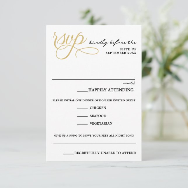 Cartão RSVP Vintage Dourada (Em pé/Frente)