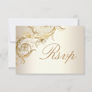 Cartão RSVP Vintage Dourado Floral Damask Elegant Script Casam