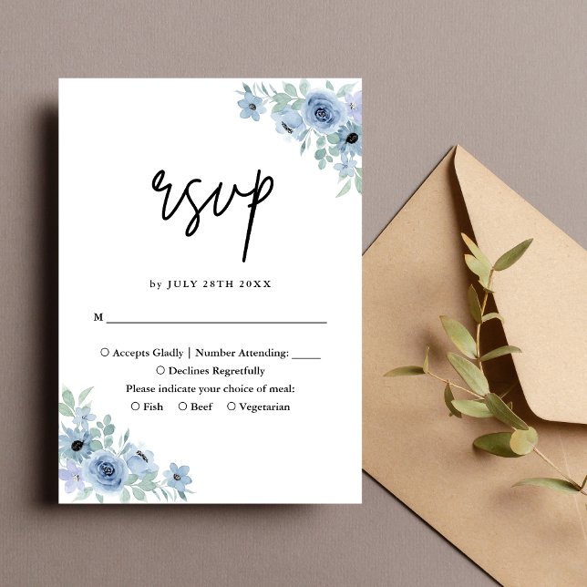 Cartão RSVP Vintage Dusty Blue Floral Casamento (Criador carregado)