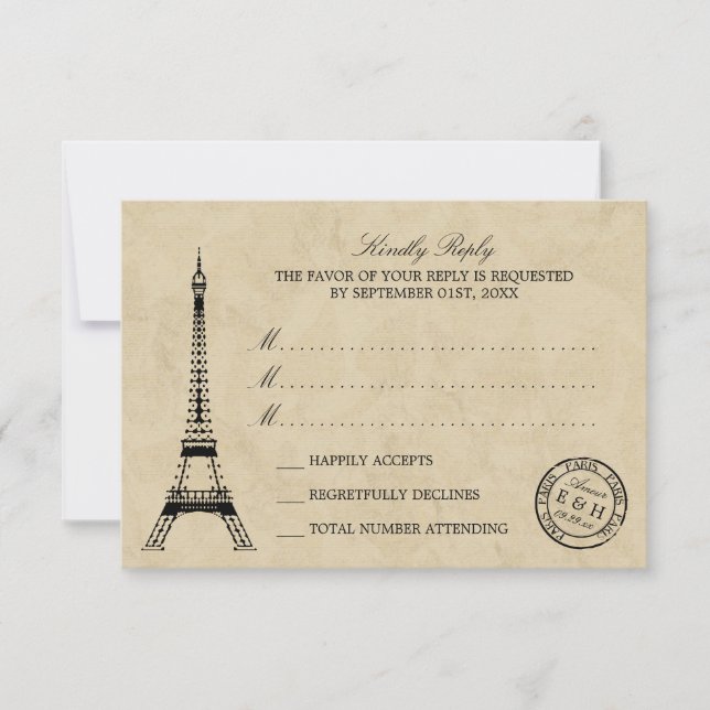 Cartão RSVP Vintage Eiffel Tower Paris Postmark Wedding (Frente)