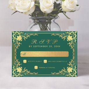 Cartão RSVP Vintage Emerald Green Faux Casamento Elegante Dour