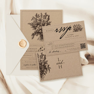 Cartão RSVP Vintage Floral Boho Rustic Kraft Formal Wedding