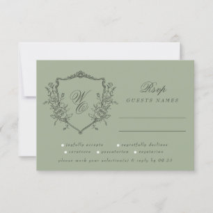 Cartão RSVP Vintage Floral Crest Olive Sage Monograma Casament