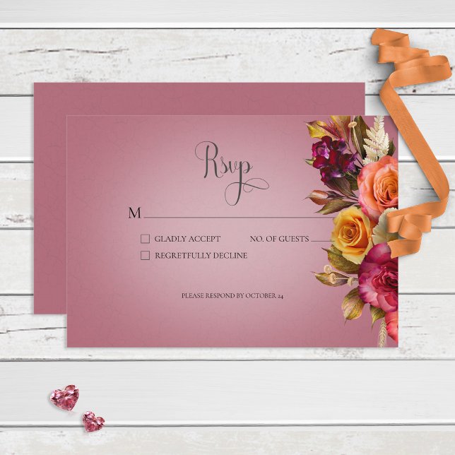 Cartão RSVP Vintage Floral Jewel Fuchsia Wedding (Criador carregado)