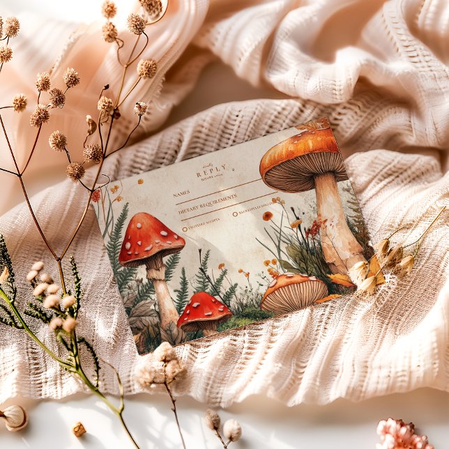 Cartão RSVP Vintage Forest Fungi Wedding (Criador carregado)