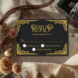 Cartão RSVP  Vintage Gold Black Wedding 