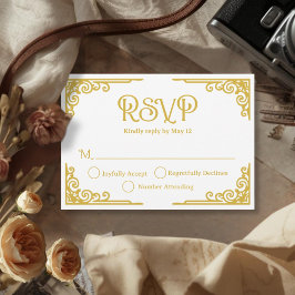 Cartão RSVP Vintage Gold White Wedding 
