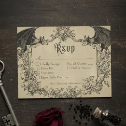 Cartão RSVP Vintage Gothic Black Toile Bat Tan Wedding
