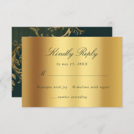 Cartão RSVP Vintage Green Floral Dourado Casamento de Script d
