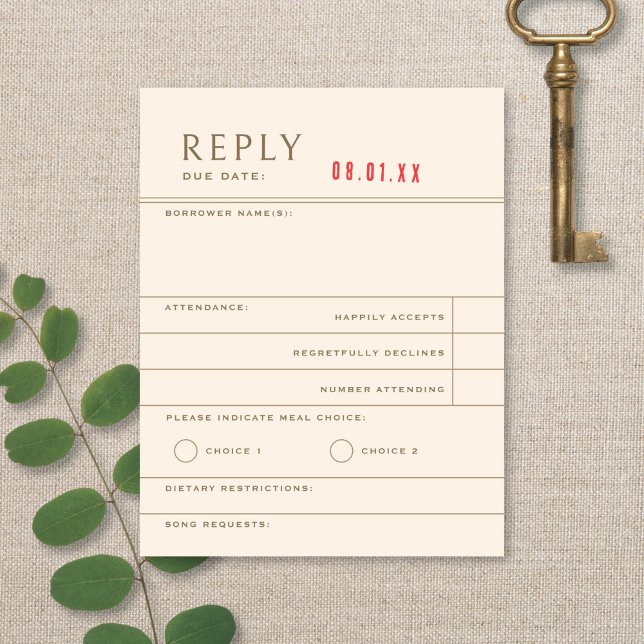 Cartão RSVP Vintage Library Book Neutral Wedding Reply (Criador carregado)