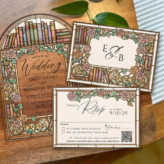 Cartão RSVP Vintage Library Books Stained Glass Wedding QR