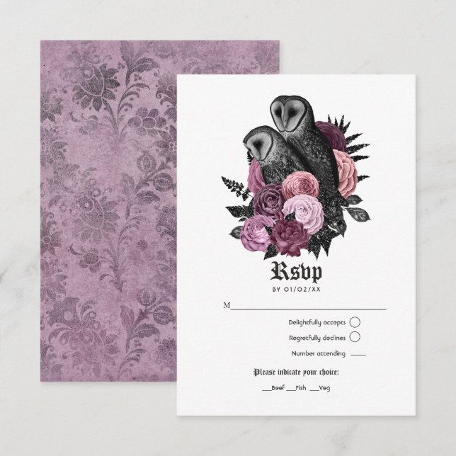 Cartão RSVP Vintage Mauve Owls Gothic Wedding (Frente/Verso)