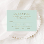 Cartão RSVP Vintage Mint e Antiquado Casamento Flourish Dourad<br><div class="desc">Elegante vintage inspirou o design do cartão de resposta do casamento. Cor verde-azul-pastel e dourada antiga. Personalize o texto personalizado com a data de vencimento do RSVP e o endereço de resposta na parte traseira da placa. Esta versão inclui opções de janto listadas para que os convidados possam iniciar sua...</div>
