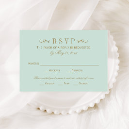Cartão RSVP Vintage Mint e Antiquado Casamento Flourish Dourad