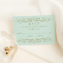 Cartão RSVP Vintage Mint e Antiquado Casamento Flourish Dourad