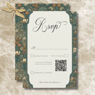 Cartão RSVP Vintage Nature William Morris Elegant Wedding QR
