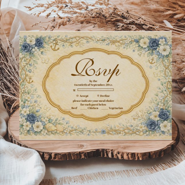 Cartão RSVP Vintage Navy Coastal Quinceañera (Criador carregado)