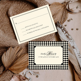 Cartão RSVP Vintage Noiva Xadrez Preto Dinheiro Antigo Casamen