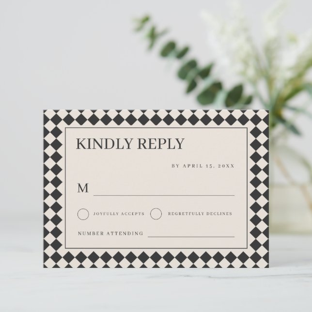 Cartão RSVP Vintage Old Money Preppy Checkered Wedding (Em pé/Frente)