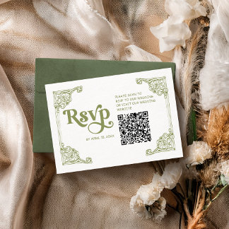 Cartão RSVP Vintage Olive Antique Frame Casamento com QR