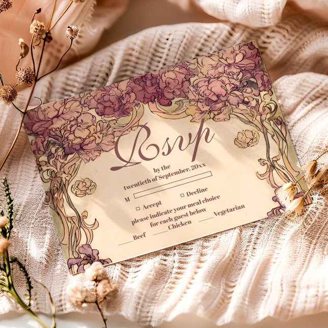 Cartão RSVP Vintage Orchid Art Nouveau Quinceañera (Criador carregado)