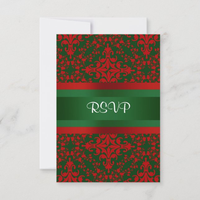 Cartão RSVP Vintage parece Red & Green Damask #2 (Frente)