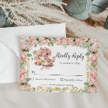 Cartão RSVP Vintage Pink Floral High Tea Party Baby Bridal<br><div class="desc">Esta placa floral RSVP de safra apresenta um conjunto de bule de chá bonito e xícara de chá, lindas rosas cor-de-rosa-pincel e uma antiga borda dourada. Basta clicar no botão personalizar para editar os textos, alterar as fontes e as cores das fontes. Perfeito para chá de fraldas, chá de panela,...</div>