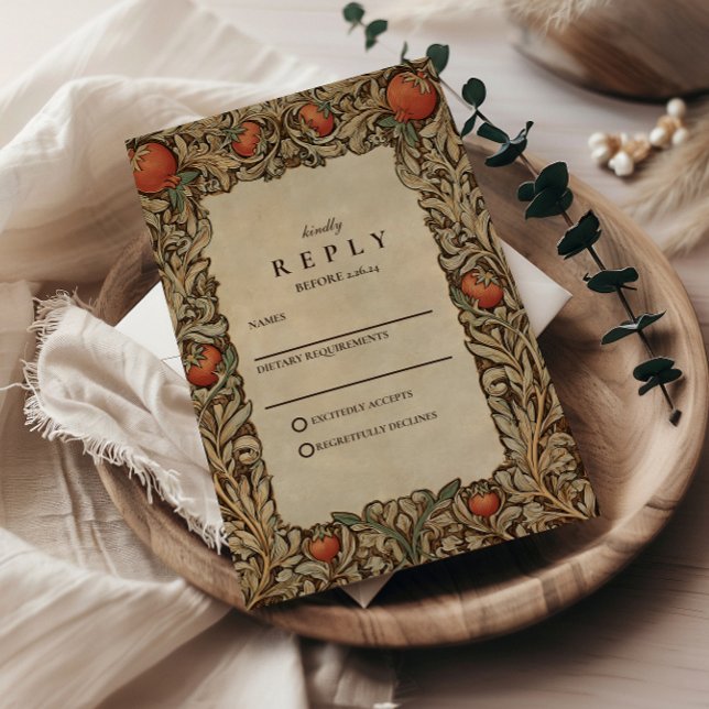 Cartão RSVP Vintage Pomegranate Wedding Elegante (Criador carregado)