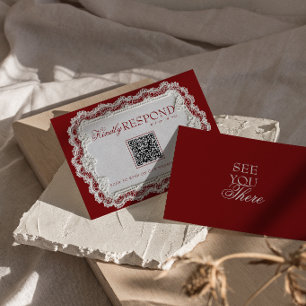 Cartão RSVP Vintage Renda Burgundy Doily Código QR Retro Casam